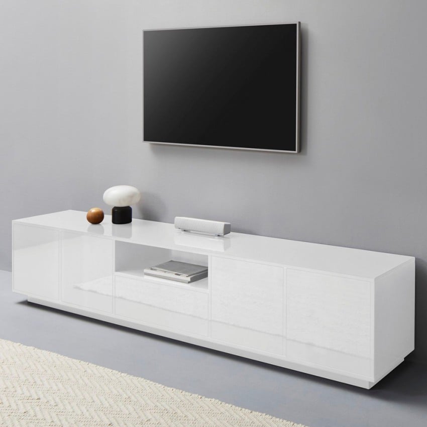Mueble TV 220cm salón diseño moderno blanco Aston Promoción