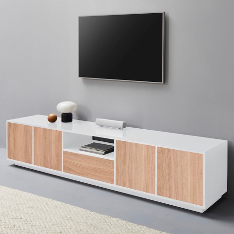 Mueble TV diseño moderno madera blanca 220cm salón Aston Wood Promoción