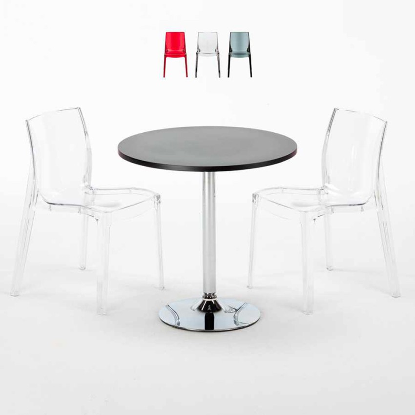 Mesa Redonda Negra 70x70 cm y Sillas De Colores Transparentes Femme Fatale Ghost Venta Mesa Redonda Negra 70x70 cm y Sillas De Colores Transparentes Femme Fatale Ghost Venta