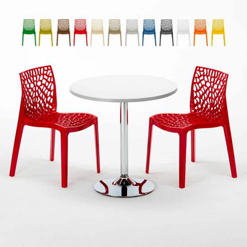 Mesa Redonda Blanca 70x70 cm con Base de Acero y 2 Sillas De Colores Gruvyer Long Island Elección