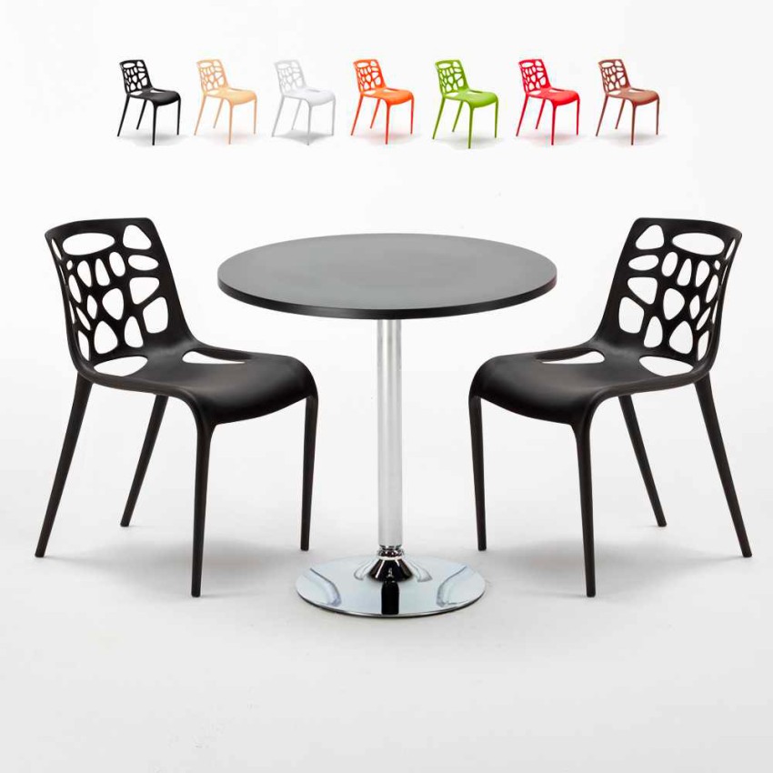 Mesa Redonda Negra Con 2 Sillas De Colores Interior Bar Gelateria Cosmopolitan Descueto