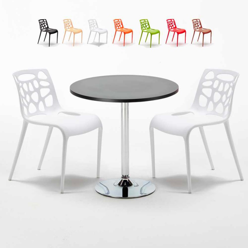 Mesa Redonda Negra Con 2 Sillas De Colores Interior Bar Gelateria Cosmopolitan Oferta