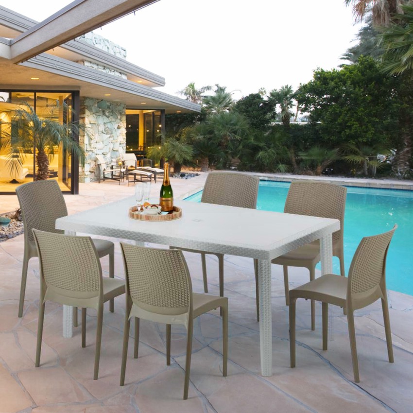  Mesa Rectangular Blanca 150x90 cm y 6 Sillas De Colores Bohème Summerlife Rebajas