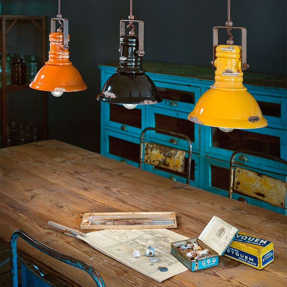 Lámpara colgante hierro y cerámica pintada a mano diseño vintage Industrial SO