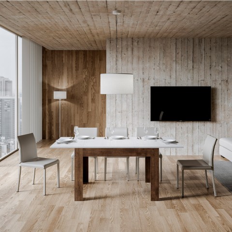 Mesa extensible moderna 90x120-180cm en madera de nogal blanco Bibi Mix NB Promoción