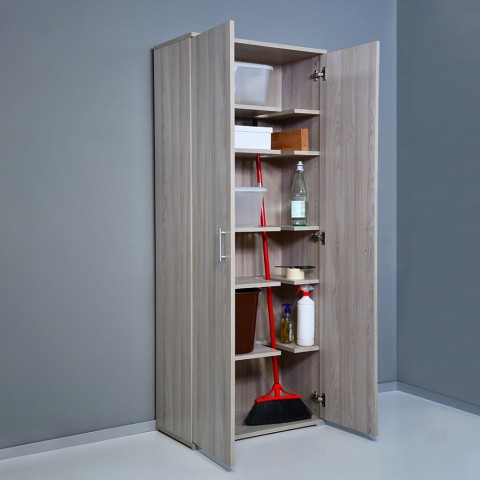 Armario multiusos de 2 puertas con 6 compartimentos para escobas de madera KimMopp 6OP Promoción