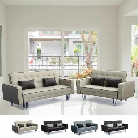 2 sofás camas 3 + 2 plazas de cuero sintético para el hogar y salón Tanzanite Duetto