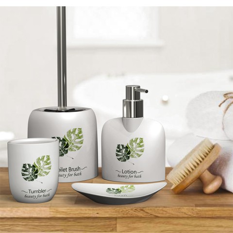 Set de accesorios de baño: jabonera, dispensador, portacepillos y portarespumadera Palm Promoción