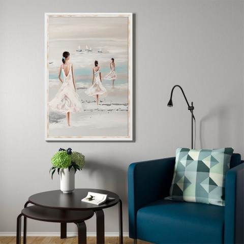 Cuadro pintado a mano relieve mujeres playa marco 60x90cm W205 Promoción