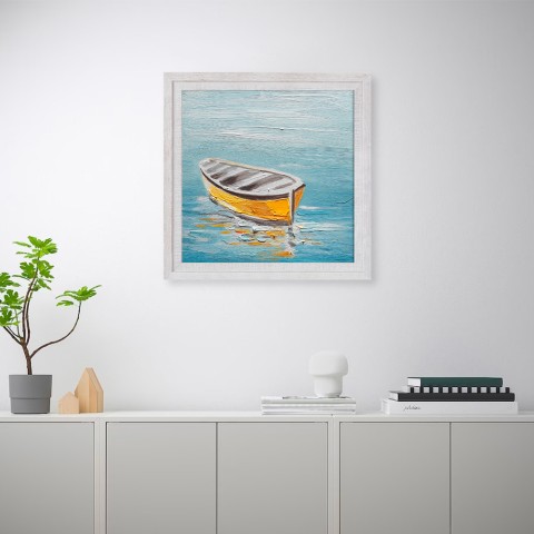 Cuadro pintado a mano de barco y mar en lienzo 30x30cm con marco W605 Promoción