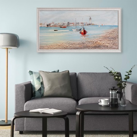 Cuadro pintado a mano en lienzo puerto con barcos 60x120cm W627 Promoción