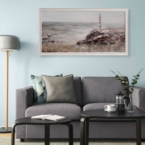 Cuadro pintado a mano sobre lienzo faro rocas marco 60x120cm W629 Promoción