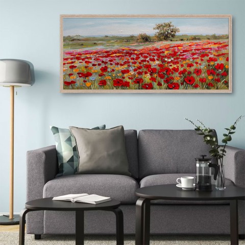 Cuadro pintado a mano sobre lienzo campo de amapolas rojas con marco 65x150cm W634 Promoción