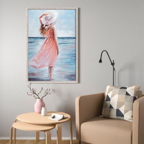 Cuadro pintado a mano mujer playa relieve sobre lienzo 60x90cm W714 Promoción