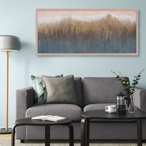 Cuadro abstracto dorado pintado a mano sobre lienzo 65x150 cm con marco W723 Promoción