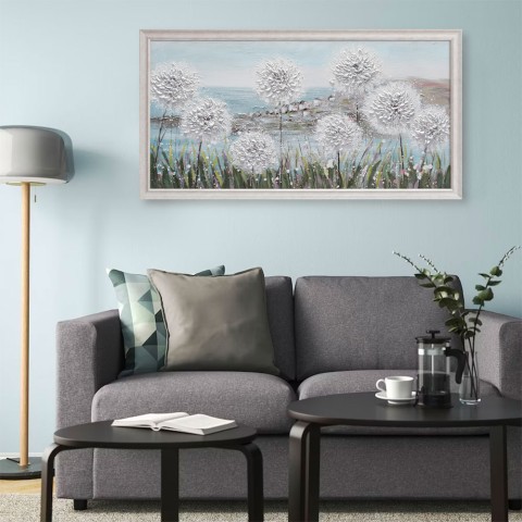 Cuadro pintado a mano con campo de flores y diente de león en marco 60x120cm W726 Promoción