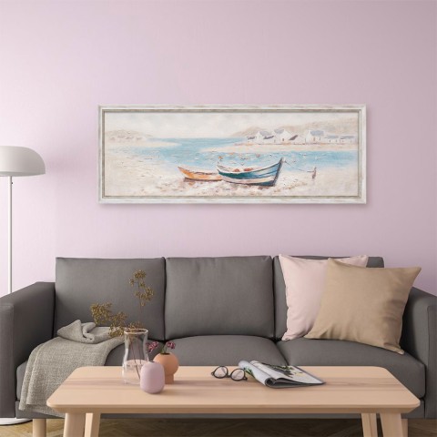 Cuadro pintado a mano sobre lienzo barcos en la orilla 30x90cm con marco W800 Promoción