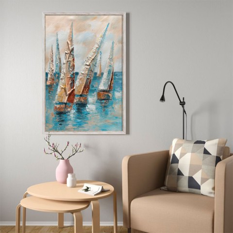 Cuadro pintado a mano veleros sobre lienzo 60x90 cm con marco Z432 Promoción