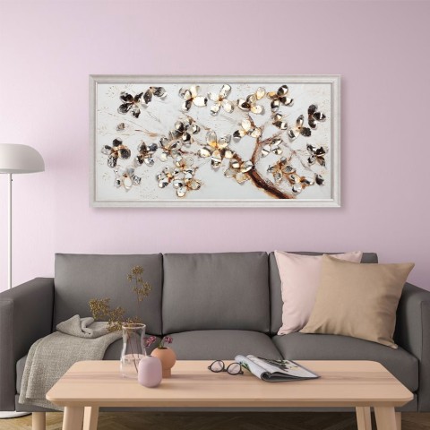 Cuadro pintado a mano rama de flores metálicas lienzo marco 60x120cm Z440 Promoción