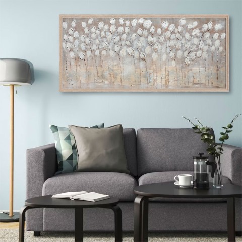 Cuadro pintado a mano sobre lienzo 65x150cm flores blancas con marco z442 Promoción