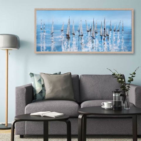 Cuadro pintado a mano de barcos de vela plateados con marco 65x150cm Z460 Promoción