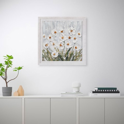 Cuadro pintado a mano en lienzo de flores blancas con marco 30x30 cm Z501 Promoción