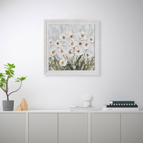 Cuadro pintado a mano sobre tela 30x30cm prado flores blancas Z501 Promoción