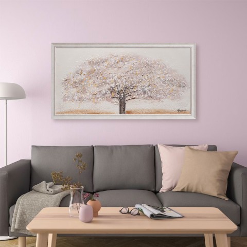 Cuadro pintado a mano sobre lienzo árbol blanco marco 60x120cm Z643 Promoción