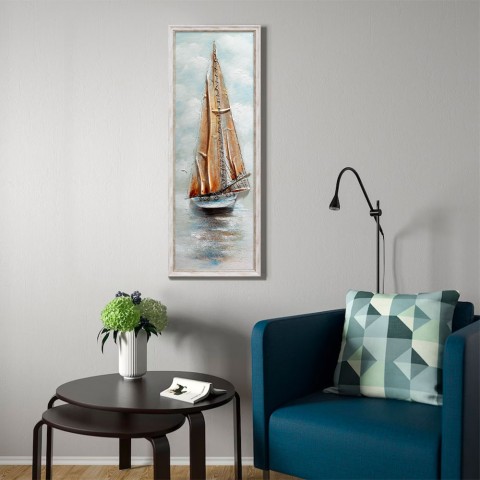 Cuadro pintado a mano barco de vela en lienzo 30x90cm con marco Z421 Promoción