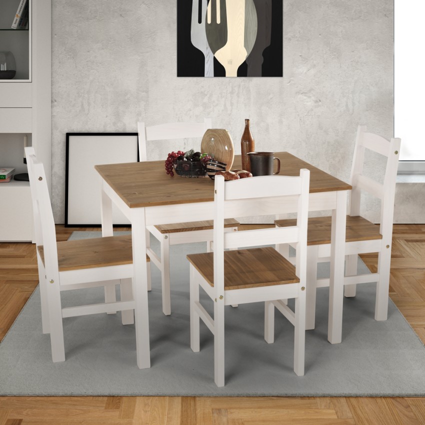 Conjunto de mesa rectangular 100x80 4 sillas de madera estilo country Rusticus Oferta