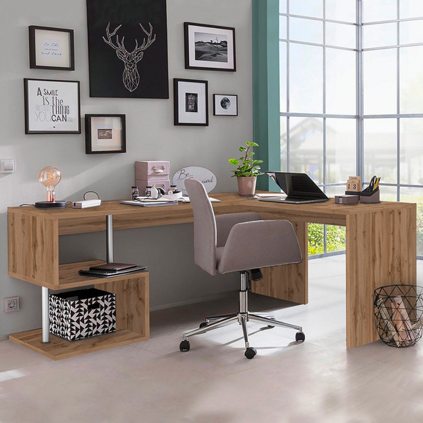 Escritorio esquinero blanco brillante, estilo moderno, mesa de computadora,  mesa de trabajo, escritorio de oficina, con 4 cajones, 2 estantes con