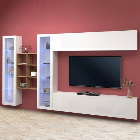 Mueble de pared blanco colgante mueble TV librería 2 vitrinas Kary WH Promoción