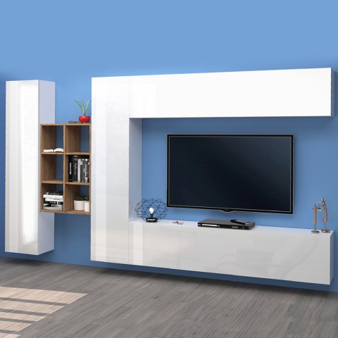 Mueble TV pared blanco colgado 2 armarios librería Sid WH Promoción