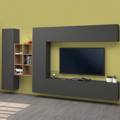 Mueble suspendido gris con mueble TV librería 2 armarios Sid RT Promoción
