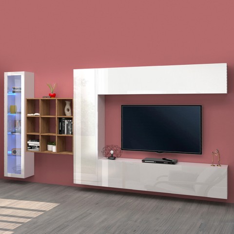 Centro de entretenimiento móvil para TV blanco con estantería y vitrina Femir WH Promoción