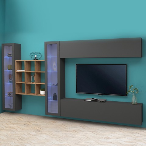 Mueble de pared moderno para TV suspendido con biblioteca y 2 vitrinas Eron RT Promoción