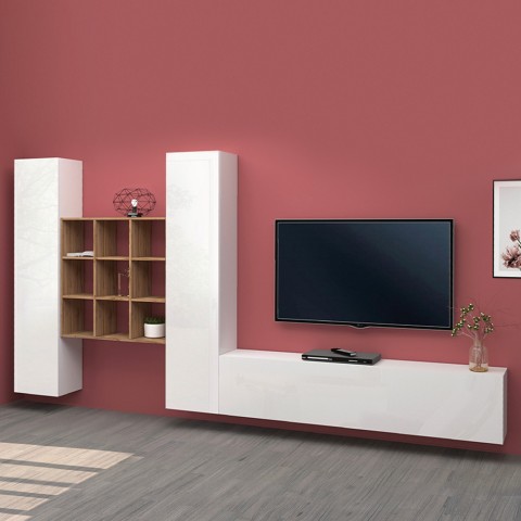 Mueble de pared TV blanco suspendido 2 armarios estantería Talka WH Promoción