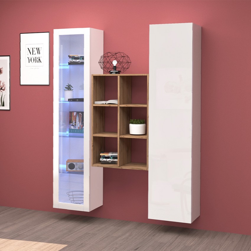 Mueble de salón blanco con vitrina librería y armario Teret WH Promoción