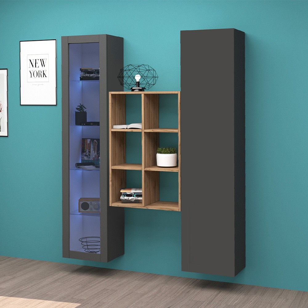 Pared de almacenamiento moderno con vitrina librería de madera Teret RT