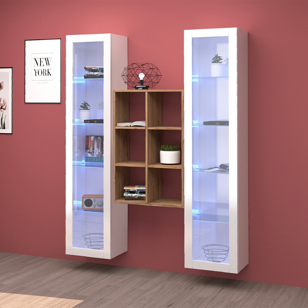 Sala de estar de pared de almacenamiento 2 estanterías de madera blanca Kesia WH