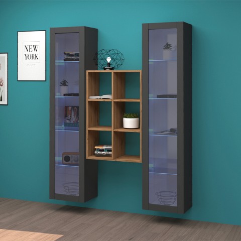 Mueble de pared suspendido gris biblioteca de madera con 2 vitrinas Kesia RT Promoción
