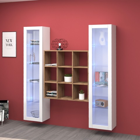 Mueble de pared flotante biblioteca en madera con 2 vitrinas blancas Vila WH Promoción