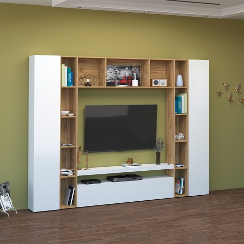 Mueble modular blanco de madera con soporte para TV y librería Arkel WH Promoción