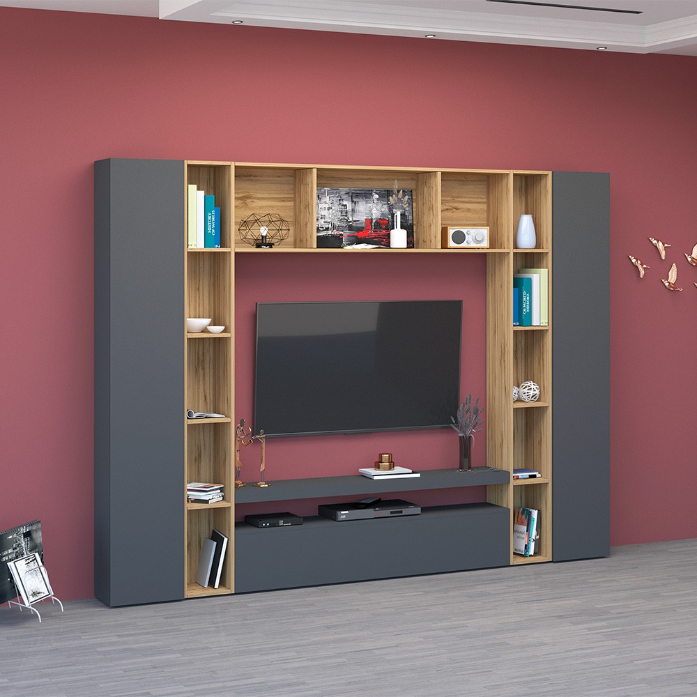 Soporte de TV moderno estantería de almacenamiento de pared de madera negro Arkel AP