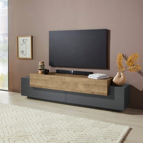 Mueble para TV negro y madera moderno, 4 compartimentos, 3 puertas, 200 cm Corona Low Cyt Promoción