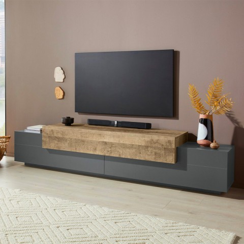 Mueble de TV diseño moderno 240cm gris y madera Corona Low Hound Promoción