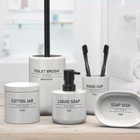 Set de accesorios de baño porta jabón portacepillo dispensador cerámica blanco Ink Promoción