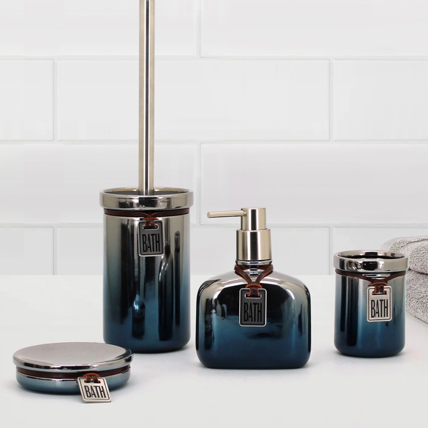 Set de accesorios de baño jabonera y portacepillos cromo/cerámica azul Stark Promoción