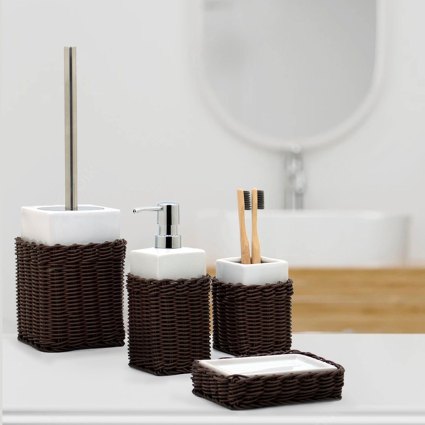 Accesorios de baño de cerámica blanca portacepillos dispensador de jabón Rattan Promoción