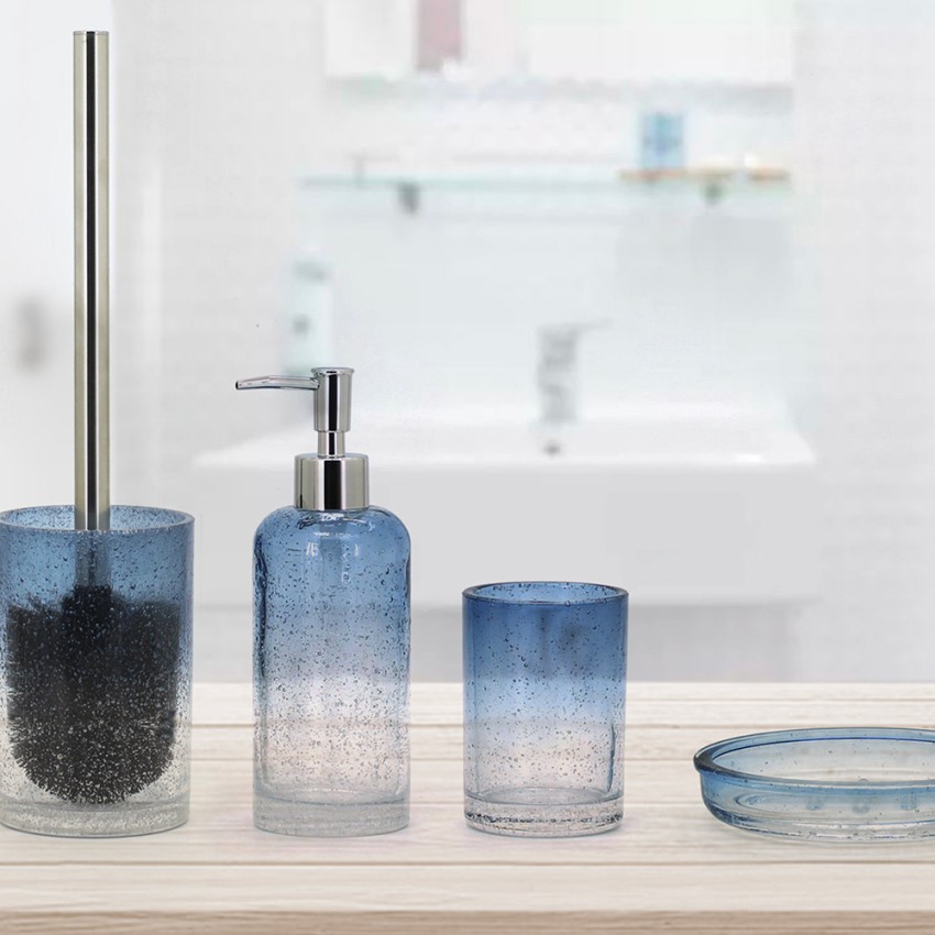Accesorios de baño jabonera portacepillos de dientes cristal azul Elba Promoción